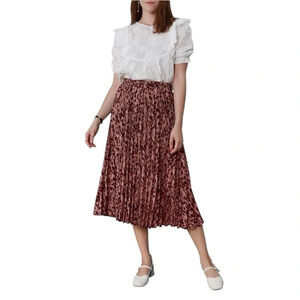 Leopard Print Pleated Midi Tea Length Skirt Elastic Waistband Size Small